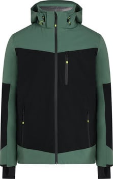 Grüne und schwarze Herrenjacke mit Kapuze und Reißverschluss.