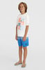 Junge in weißem T-Shirt mit Aufdruck und blauer Badehose mit Gürtel und Flip-Flops.
