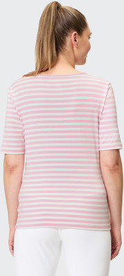 Frau in gestreiftem Shirt mit Pferdeschwanz, Rückansicht. Frau in gestreiftem Shirt mit Pferdeschwanz, Rückansicht.