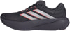 Schwarzer Adidas Laufschuh mit rosa und silbernen Streifen und Schriftzug auf der Sohle.