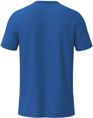 Ein blaues T-Shirt mit kurzen Ärmeln von hinten, vor weißem Hintergrund.