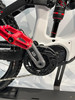 Detail eines Mountainbikes mit rotem Pedal und schwarzem Kettenblatt.