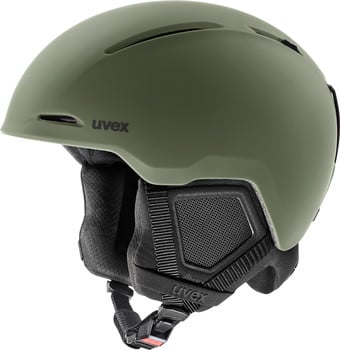 Grüner UVEX Skihelm mit verstellbarem System und Belüftung.