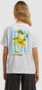 Drei gelbe Zitronen auf weißem T-Shirt mit blauen Streifen und Text.