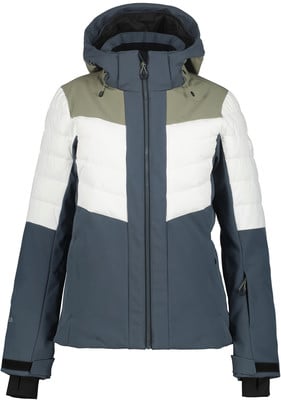 Damen-Skijacke mit Farbblockierung in Grau, Weiß und Khaki. Damen-Skijacke mit Farbblockierung in Grau, Weiß und Khaki.