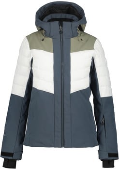 Damen-Skijacke mit Farbblockierung in Grau, Weiß und Khaki.