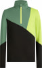 Grüner und schwarzer Pullover mit Farbblock und gelbem Reißverschluss.
