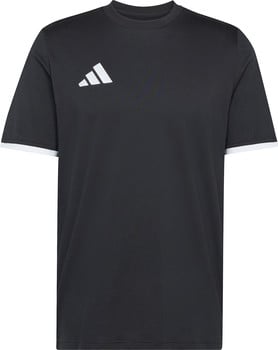 Schwarzes Adidas T-Shirt mit weißem Logo und weißen Ärmelbündchen.