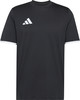 Schwarzes Adidas T-Shirt mit weißem Logo und weißen Ärmelbündchen.