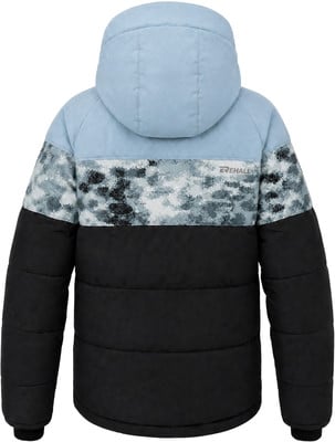 Rückansicht einer gepolsterten Kapuzenjacke in Blau und Schwarz mit Camouflage-Muster.