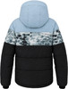 Rückansicht einer gepolsterten Kapuzenjacke in Blau und Schwarz mit Camouflage-Muster.
