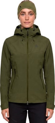 Grüne Damenjacke mit Kapuze und Stirnband, geeignet für Outdoor-Aktivitäten. Grüne Damenjacke mit Kapuze und Stirnband, geeignet für Outdoor-Aktivitäten.
