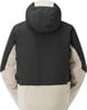 Rückansicht einer schwarzen und beige Jacke mit Kapuze.