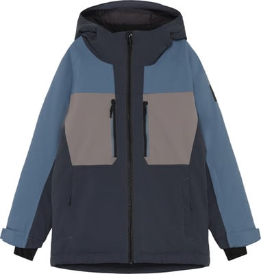 Eine blaue Herren-Winterjacke mit grauen Einsätzen und Kapuze. Eine blaue Herren-Winterjacke mit grauen Einsätzen und Kapuze.