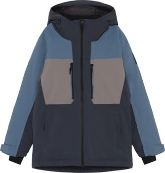 Eine blaue Herren-Winterjacke mit grauen Einsätzen und Kapuze.