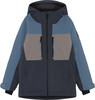 Eine blaue Herren-Winterjacke mit grauen Einsätzen und Kapuze.