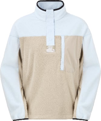 Hellblaue-beige Fleecejacke mit schwarzem Saum und Tasche.