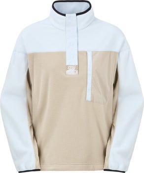 Hellblaue-beige Fleecejacke mit schwarzem Saum und Tasche.