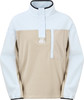 Hellblaue-beige Fleecejacke mit schwarzem Saum und Tasche.