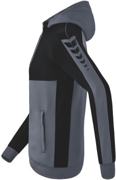 Grau-schwarze Kapuzenjacke mit Logo auf dem Ärmel.