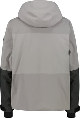 Rückansicht einer grauen Jacke mit Kapuze und dunklen Ärmeln. Rückansicht einer grauen Jacke mit Kapuze und dunklen Ärmeln.