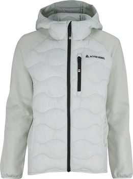 Eine leichte Steppjacke mit Kapuze und gestepptem Frontpanel in Pastellgrau.