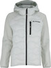 Eine leichte Steppjacke mit Kapuze und gestepptem Frontpanel in Pastellgrau.