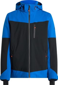 Herrenjacke in Blau und Schwarz mit Kapuze und orangefarbenen Details.