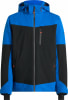 Herrenjacke in Blau und Schwarz mit Kapuze und orangefarbenen Details.