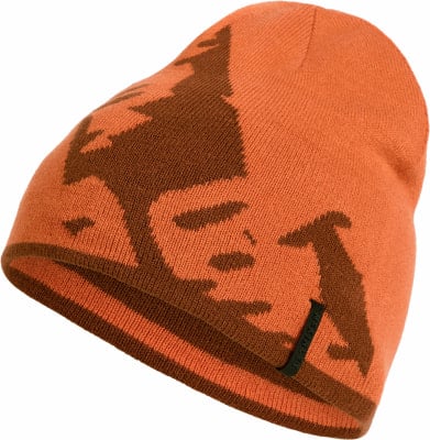 Orange Mütze mit braunem Wald- und Tiermotiv. Orange Mütze mit braunem Wald- und Tiermotiv.