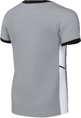Rückseite eines grauen T-Shirts mit schwarzem Kragen und schwarzen Ärmelbündchen. Rückseite eines grauen T-Shirts mit schwarzem Kragen und schwarzen Ärmelbündchen.