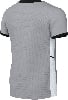 Rückseite eines grauen T-Shirts mit schwarzem Kragen und schwarzen Ärmelbündchen.