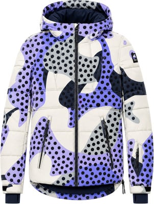Jacke mit Kapuze und lila Muster mit schwarzen Punkten. Jacke mit Kapuze und lila Muster mit schwarzen Punkten.