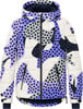 Jacke mit Kapuze und lila Muster mit schwarzen Punkten.