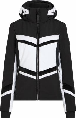 Schwarze Skijacke mit weißen und schwarzen Streifen und Kapuze.