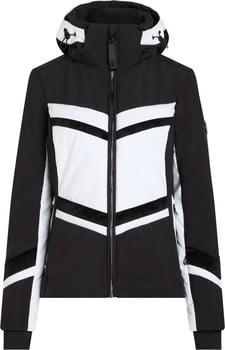 Schwarze Skijacke mit weißen und schwarzen Streifen und Kapuze.