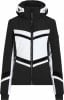 Schwarze Skijacke mit weißen und schwarzen Streifen und Kapuze.