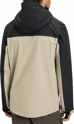Rückansicht einer Herrenjacke mit Kapuze in Beige und Schwarz. Rückansicht einer Herrenjacke mit Kapuze in Beige und Schwarz.