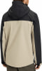 Rückansicht einer Herrenjacke mit Kapuze in Beige und Schwarz.
