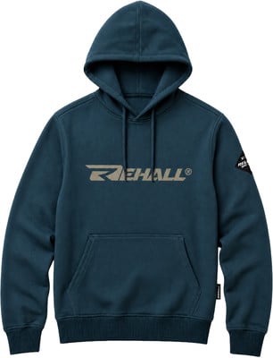 Blauer Kapuzenpullover mit REHALL-Logo auf der Brust. Blauer Kapuzenpullover mit REHALL-Logo auf der Brust.