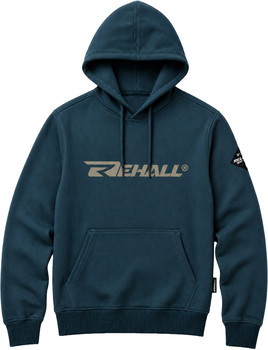 Blauer Kapuzenpullover mit REHALL-Logo auf der Brust.