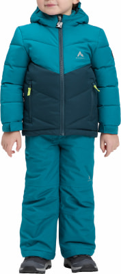 Kinder-Winterjacke und -Hose in Dunkeltürkis mit dunkelblauen Akzenten.