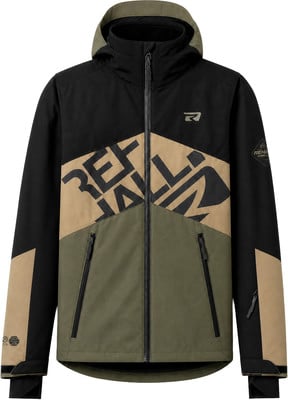 Schwarze Jacke mit beige und grünen Einsätzen und Aufdruck. Schwarze Jacke mit beige und grünen Einsätzen und Aufdruck.