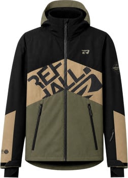 Schwarze Jacke mit beige und grünen Einsätzen und Aufdruck.