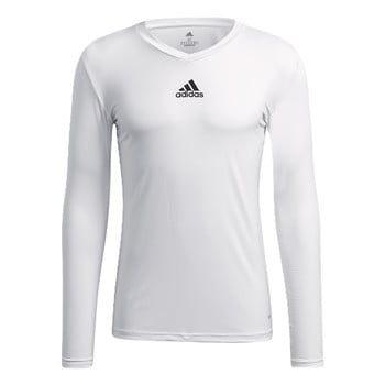 Weißes Adidas Langarmshirt mit Logo auf der Brust.