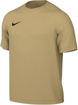 Sandfarbenes Nike T-Shirt mit kurzen Ärmeln und schwarzem Logo auf der Brust.