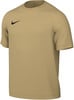 Sandfarbenes Nike T-Shirt mit kurzen Ärmeln und schwarzem Logo auf der Brust.