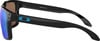 Schwarze Oakley-Sonnenbrille mit blauer Spiegellinse und O-Logo.