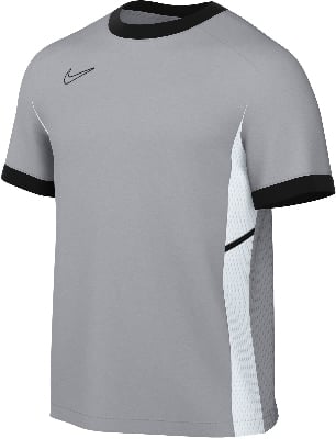 Graues Nike-Trikot mit schwarzem Kragen und Logo, seitliche Mesh-Einsätze.