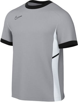 Graues Nike-Trikot mit schwarzem Kragen und Logo, seitliche Mesh-Einsätze.